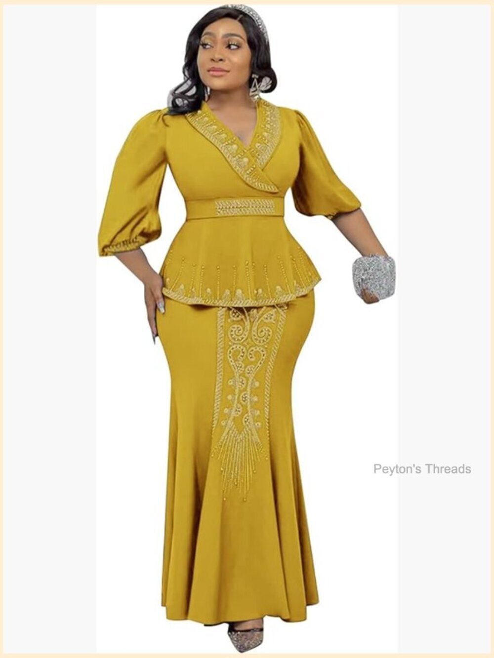 Mermaid Beaded V-Neck Long Sleeve Formal Two Piece Dress Maxi Evening Gown